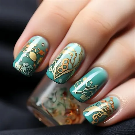 This beautiful image shows unique mermaid nails ideas, using a soft, dreamy teal base with intricate gold designs that mimic the elegant flow of underwater plants and creatures.