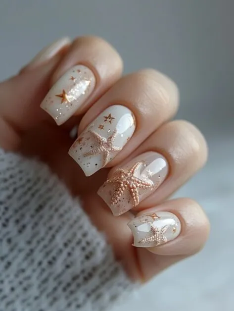 This is a stunning example of mermaid nails ideas, using delicate pearl-like polish and realistic 3D starfish charms for an enchanting, ethereal ocean look.