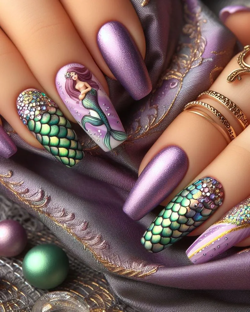 "Easy Mermaid Nails with shimmering purple tones, seashell accents, and sparkling scales for a magical ocean-inspired look."