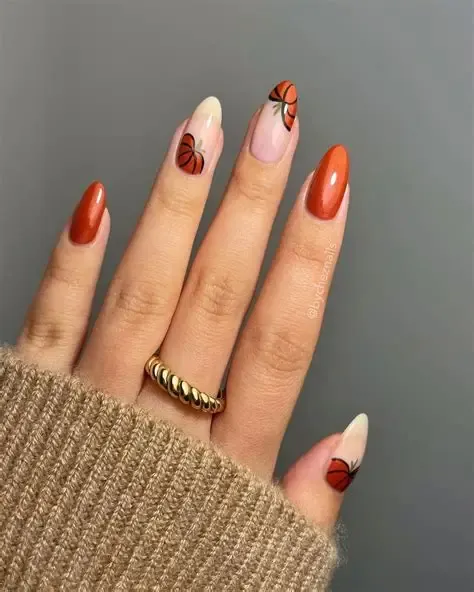 With a few simple strokes, this charming design shows how to create easy pumpkin nails without needing any special tools.